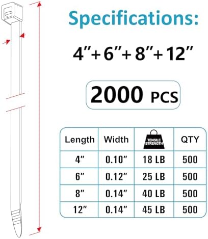 Zip Ties Assorted Sizes(4”+6”+8”+12”), 2000 Pack, Black Cable Ties, UV Resistant Wire Ties by ANOSON - Image 2