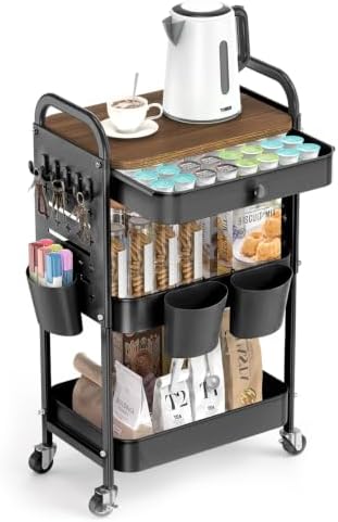 ALVOROG 3 Tier Metal Rolling Cart with Drawer,Wood Top,Pegboards,Black by ALVOROG