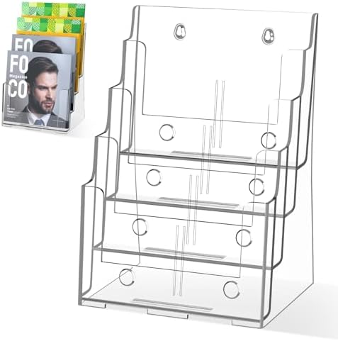 PPH-Sisy Acrylic Brochure Holder 8.5 x 11 inch, 4 Tier Magazine Stand Clear Literature Organizer Pamphlet Holder with Removable Divider for 4 x 9 inch Brochures for Wall Mount or Desktop by PPH-SisyPurchaseNow