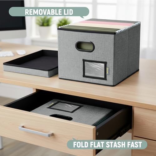 BALEINE File Organizer Box with Lid, Collapsible File Folder Organizer with Plastic Slide, Filing Box for Office Home Document Organizer Storage (Gray, 2PK) - Image 5