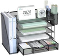 WALI Desk File Organizer, 5 Tier Desktop Paper Letter Tray Organizer with Drawer and 2 Pen Holders, Office Desk Accessories & Workspace Organizers for Office, Home Supplies(DO006DH-B), 1 Pack, Black by WALI