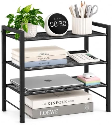 Desktop Shelf Organizer, 3-Tier Office Storage Rack, Adjustable Metal Bookshelf for Top of Desk, Desk Organizer for Office, Home, Dorm and Small Spaces (Black) by HOME