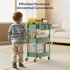YASONIC 3-Tier Rolling Cart, Green, 66 Pounds Capacity, Mesh Storage Organizer with Lockable Wheels, 3 Hanging Cups, 4 Hooks, Easy Assembly, for Kitchen, Bathroom, Laundry, Grocery - Image 3