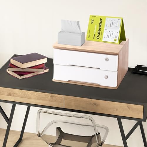 Wooden Desktop Storage Box with Lockable Drawers, Flat File Cabinet Drawer Desktop Storage Box, Countertop Storage Cabinet for Office Home Toiletries Supplies Vanity (natural wood+white, 2 Drawer) - Image 4