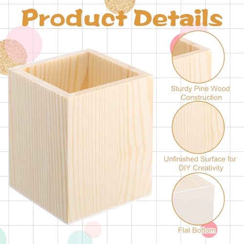 16 Pack Wood Pen Holder, 3.1" x 3.1" x 3.94" Unfinished Pine Wood Pencil Holder for Desk Organization, DIY Crafts, Rustic Home Decor - Image 3