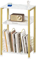 LELELINKY Side Table,White Marble Night Stand with Golden Metal Frame,3 Tier Industrial Wooden Record Player Stand with Vinyl Storage Shelf ,End Tables for Living Room Bedroom Small Spaces by LELELINKY
