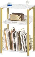LELELINKY Side Table,White Marble Night Stand with Golden Metal Frame,3 Tier Industrial Wooden Record Player Stand with Vinyl Storage Shelf ,End Tables for Living Room Bedroom Small Spaces by LELELINKY