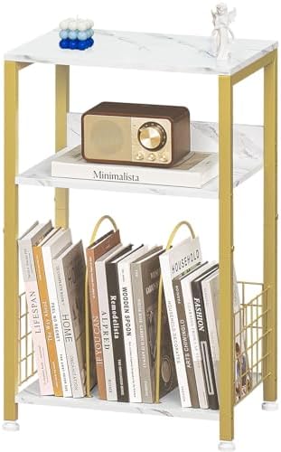 LELELINKY Side Table,White Marble Night Stand with Golden Metal Frame,3 Tier Industrial Wooden Record Player Stand with Vinyl Storage Shelf ,End Tables for Living Room Bedroom Small Spaces by LELELINKY