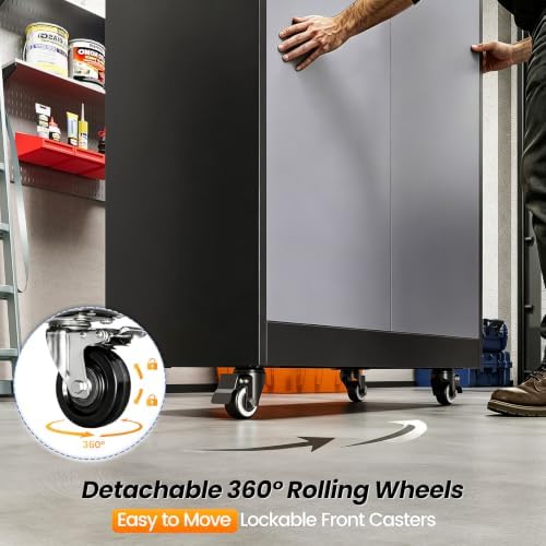 MIIIKO 75" Tall Metal Garage Storage Cabinet with Wheels,Steel Storage Cabinets with Lock,Heavy Duty Tool Cabinets with 2 Doors and 4 Shelves for Garage,Home Office,Shop,Warehouse（Black Gray） - Image 7
