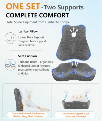 Lumbar Support Pillow & Seat Cushion for Office Chair, Memory Foam Office Chair Cushion for Tailbone Pain Relief and Lower Back Support, Ergonomic Desk Chair Cushion for Gaming, Wheelchair,Home - Image 3