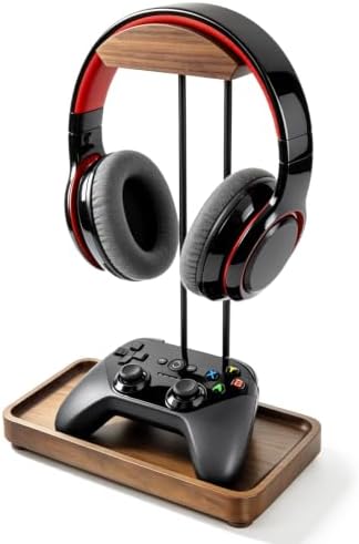 Wood Headphone Stand for Desk, Walnut Headset Holder with Storage Tray by UEOE