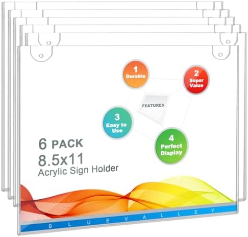 BlueValley Acrylic Sign Holder 8.5 x 11 Wall Mount, Clear Acrylic Wall Frames with Double Sided Tape Adhesive & Screws, Plastic Wall Sign Menu Picture Document Holders for Office, Home, Store, Restaurant-Horizontal (6 Pack) by BlueValley