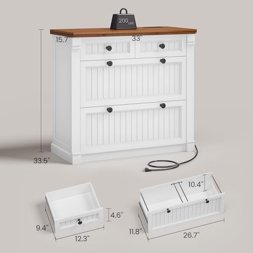 SEDETA 4 Drawers File Cabinet, 33" Farmhouse Filing Cabinets for Home Office fit Legal/Letter/A4 File, Wood Office File Cabinet with Power Outlets, Printer Stand with Storage, White+Brown - Image 2