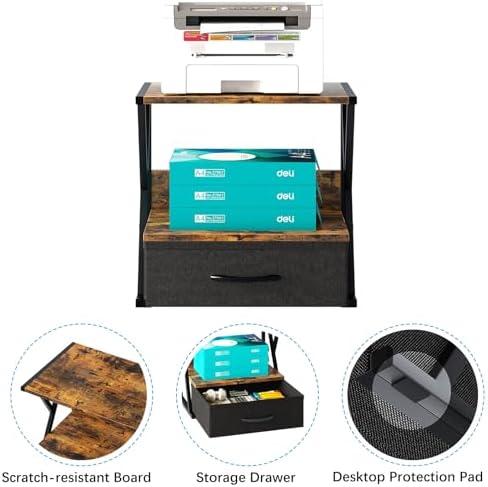 aboxoo Printer Stand for Desk with Storage Drawer, 2 Tier Desktop Or UnderDesk Shelf, Multi-Purpose Desk Organizer for Home Office, fit Fax Machine/3D Printer/Scanner, Rustic Brown - Image 2