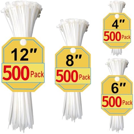 Zip Ties Assorted Sizes 4+6+8+12 Inch, 2000 Pack, White Cable Ties for Multi-Purpose, Nylon/Plastic Wire Ties for Home Improvement, Office & Outdoor Use (Clear-Colored Style). by Unknown
