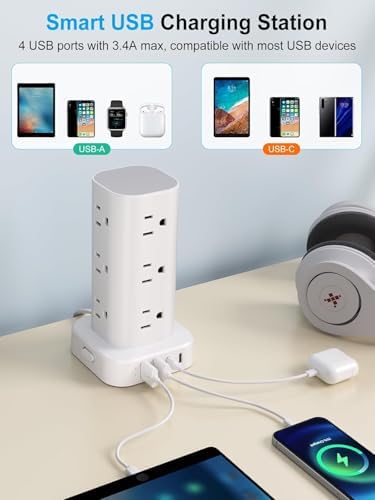 15FT Power Strip Tower Surge Protector, 12 Wide Spaced Outlets, 4 USB - Image 4