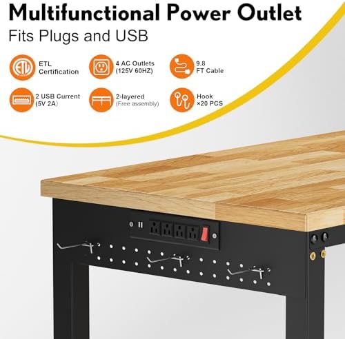 96” Adjustable Work Bench, 2-Layer Heavy Duty Workbench, 6000 LBS Capacity Workbench with Pegboard & Power Outlet, Rubber Wood Work Table for Garage, Office, Workshop, Home - Image 6