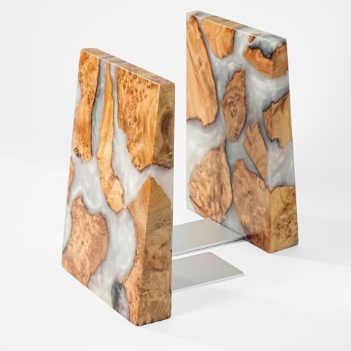 Resin Bookends Large Heavy Duty Bookends for Shelves, Unique Burl Wood Figure Book Ends for Study Office, Fancy Modern Decorative Book Supports for Bookshelf Organization (Pearlescent White) by Loongresinwood