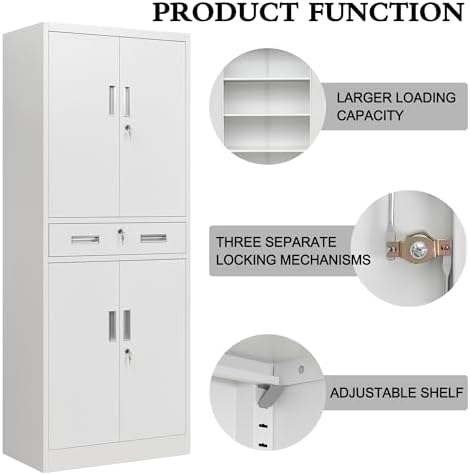 CJF 71" H Tall Metal Storage Cabinet with Drawer, Locking Garage Cabinet with 2 Adjustable Shelves, Heavy-Duty Tool File Storage Cabinets for Home Office, Kitchen, Warehouse, Shop (White) - Image 5