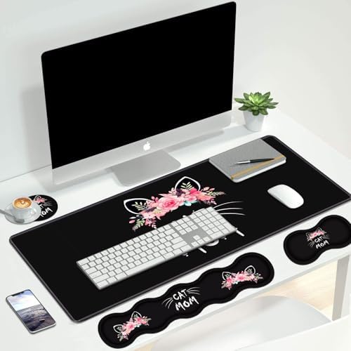 4 in 1 Ergonomic Keyboard Wrist Rest & Mouse Pad Wrist Rest Set, Large XXL Gaming Desk Mat 31.5"x 11.8" with Non-Slip Base, Memory Foam for Home Office Study Gaming, Cat Mom Floral - Image 7