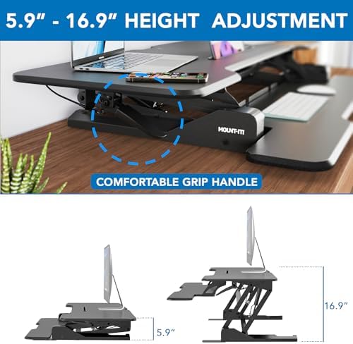 Mount-It! 47" Standing Desk Converter, XL Desktop Sit-Stand Desk Riser with Gas Spring Height Adjustment, Wide Desk Topper for Dual Monitors or Monitor & Laptop, Keyboard Tray, Black - Image 4