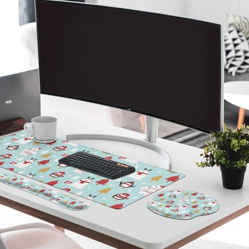 Britimes Keyboard Mouse Pad Set, 4 in 1 Desk Mat Set, Christmas Penguin - Image 3
