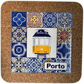 Portugal Azulejo Tiles, Ethnic Portugese Ceramic Tiles - Cork Trivets - Home & Wall Decorations (7.8 Inch - 20cm) (Porto Tram & Blue Azulejo) by GOLDTON