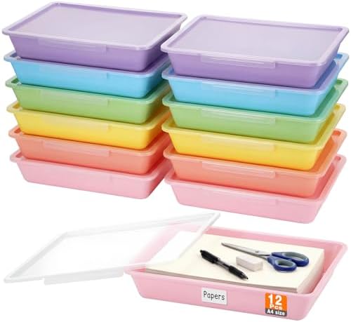 Tinlade 12 Pcs Classroom Paper Storage Bins with Lids, Macaron, 13x10in by Tinlade