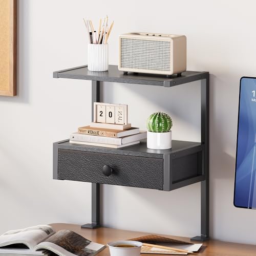 VENNQD Clamp On Desk Shelf, 2-Tier Desktop Organizer, Wood Desktop Supplies Tabletop Book Storage Rack with Adjustable Shelves for Table Working and Gaming Accessories, Black by VENNQD