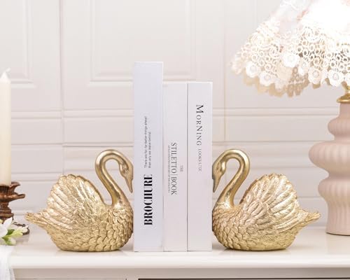 Swan Decorative Bookends,Resin Book Ends for Shelves,Unique Gold Book Holders,Heavy Duty Swan Decor for Home Office Desk Bookshelf,Set of 2,Gifts for Anniversary - Image 2