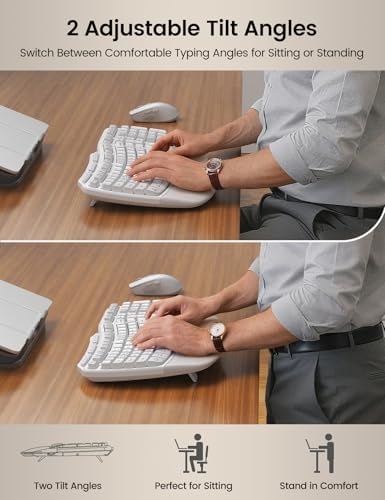 White Ergonomic Wireless Keyboard and Mouse Combo, 2.4G Full Size Ergo Wave Key Board with Cushioned Plam Rest, Natural Typing, 3 DPI Adjustable Silent Mouse for Computer/Laptop/Windows/Mac - Sablute - Image 3