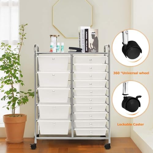 LDAILY 15 Drawer Rolling Storage Cart, Rolling Cart with Drawers for Classroom, Art Supply Craft Organizer on Wheel with Metal Frame & Handles for Home Office School - Image 6