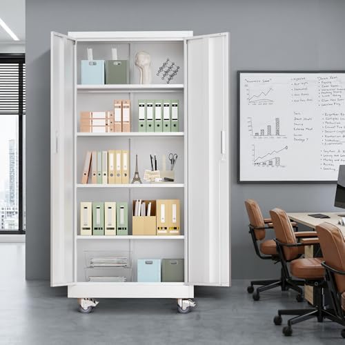VINGLI Rolling Metal Storage Cabinet with Adjustable Shelves, 71'' Tall Garage Storage Cabinet with Wheels, Locking Tool Cabinets for Home Office Garage Gym School (White) - Image 2
