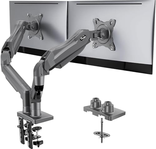 HUANUO Dual Monitor Stand, Fully Adjustable Monitor Desk Mount for 13–32″ Computer Screens, Full Motion VESA 75x75/100x100 with C-Clamp & Grommet Base, Each Arm Holds 4.4 to 19.8 lbs -Grey by HUANUO