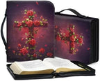 Cross & Red Rose Pattern Bible Cover for Women Soft PU Leather Verse Print Bible Carrying Case Large Capacity Book Organizer with Top Handle Gifts for Christians - Image 5