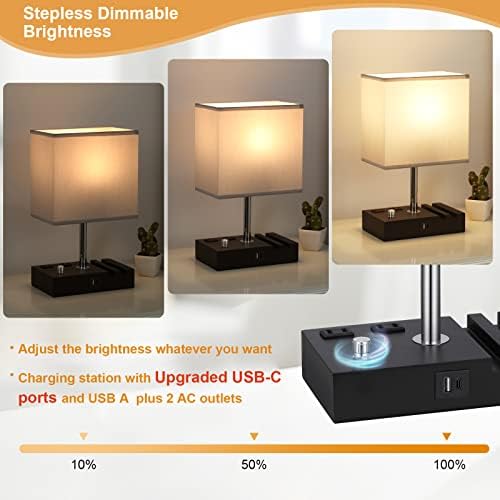 Grey Table Lamp for Bedroom - Stepless Dimmable, USB C+A, 2 AC Outlets - Image 3