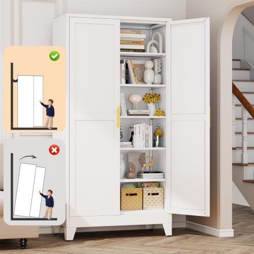 White Metal Storage Cabinet, 79" Kitchen Pantry Cabinets for Office - Image 6