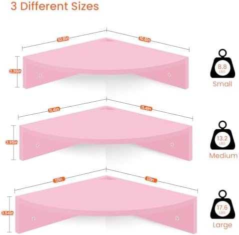 Homode Corner Shelf Wall Mount, Set of 3 Corner Floating Shelves with Cable Hole, 3 Tier Wood Corner Hanging Shelves, Living Room Bedroom Bathroom, Pink - Image 3