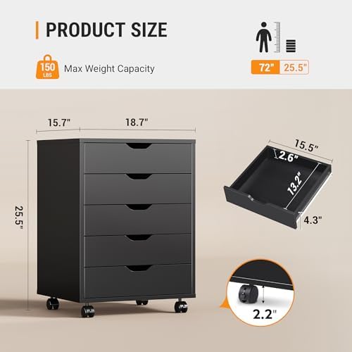 DEVAISE 5 Drawer File Cabinet, Wood Under Desk Drawers Chest Black - Image 3