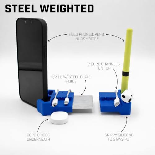 DeskBrick 2PK Silicone + Steel-Weighted Cord Holders for Desks. Weighted Cord Organizers & Cable Management for Desktops. Useful Phone Accessories & Cable Holders for Offices. No Adhesive. Blue - Image 2