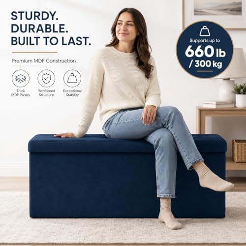 ALASDO 43 Inch Folding Storage Ottoman Bench with Hidden Storage, Velvet Storage Ottoman Foot Rest Stool, End of Bed Bench for Bedroom, Living Room, Entryway and Closet, Navy Blue - Image 3