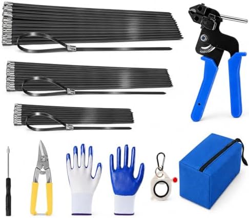 Stainless Steel Cable Tie Gun Set – 300PCS Black Metal Zip Ties (6/8/12", 100PCS Each) with Scissors, Gloves, Storage Bag for Fence Exhaust Automotive by ADLMPW