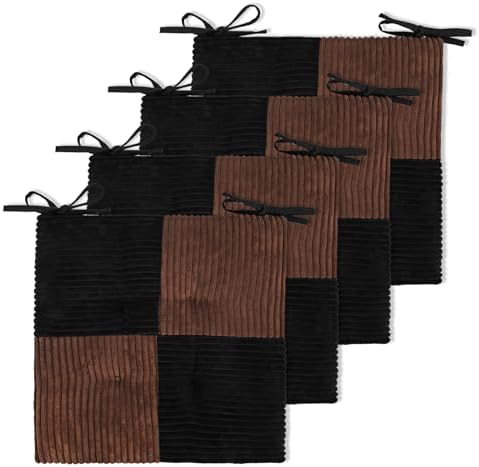 Office Stacking Chair Cushions 4 Pack, Corduroy High Density Foam Kitchen Seat Cushions with Ties, Square 17" x 17" Indoor Non-Slip Dining Chair Pads, Black+ Brown, 4pcs by Zalvox