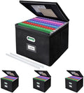 4 Pack File Organizer Boxes with Lids, Collapsible Document Storage Bin with Mesh Pockets & Zipper, Fits Letter/Legal Size Folders for Home Office Classroom Organization (Black, No Folders) by Succwoah