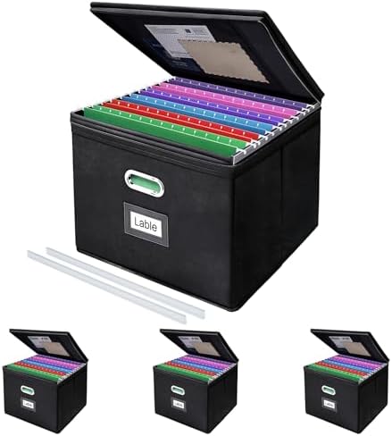 4 Pack File Organizer Boxes with Lids, Collapsible Document Storage Bin with Mesh Pockets & Zipper, Fits Letter/Legal Size Folders for Home Office Classroom Organization (Black, No Folders) by Succwoah