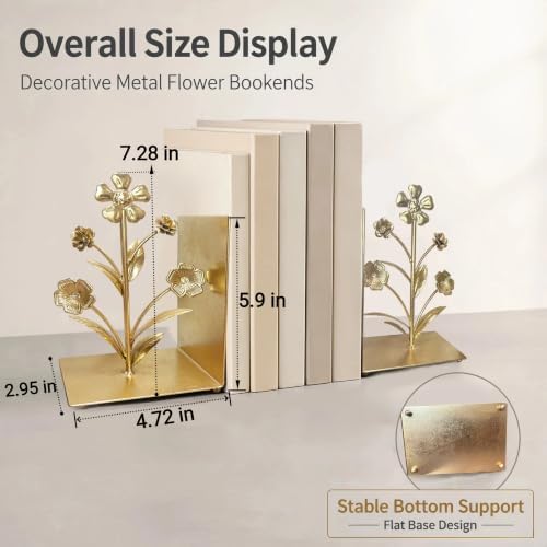 Book Ends Decorative Bookends for Shelves, Floral Bookends Book Stoppers, Elegant Bookshelf Decor Flower Design for Home Office Desk Room Decor - Image 3