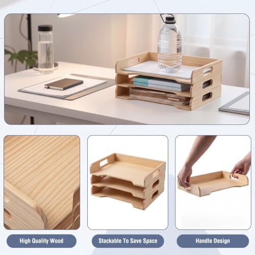 Yinkin Wooden Stackable Paper Trays 4-Tier Wooden Paper Organizer for Desk Letter Documents Wood Desktop File Organizers for Desktop File Holder and Office Supplies Rack for Home Office Use (Natural) - Image 3