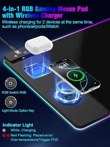 Mouse Pad with Magnetic Wireless Charging, Large Desk Pad Protector, RGB Black Mousepad Desk Mat with 15W Fast Charger, 4mm Thick Non-Slip, Waterproof Laptop Writing Pad for Office, Home, Gaming - Image 2