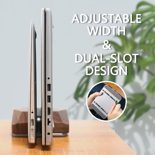GEVO Dual Laptop Holder Vertical Laptop Stand, Natural Wood, Adjustable Dock, Wooden Laptop Stand, Vertical Laptop Holder for Desk, Widen Dock Fits All MacBook/Surface Pro 2 Devices (Black Walnut) - Image 2