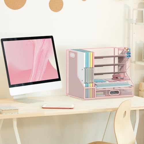 Desk Organizer with 5 Tier File Holder and Sliding Drawer Pen Holder Pink - Image 2